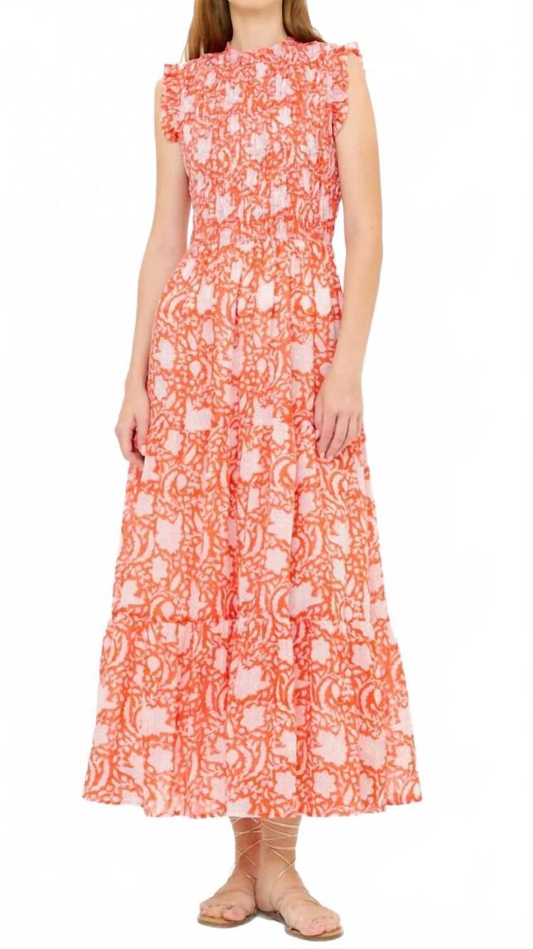 NEW OLIPHANT sleeveless smocked midi dress in ivory orange